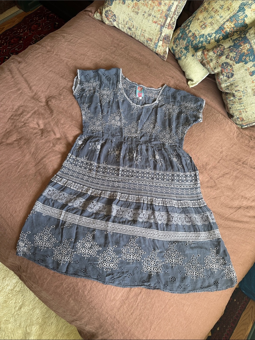 Johnny Was grey Embroidered Textured Eyelet Dress w lots of lovely details.